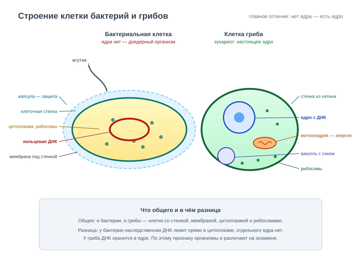 Сравнение строения клеток: бактериальная клетка без ядра с кольцевой ДНК и клетка гриба с ядром, митохондрией и вакуолью