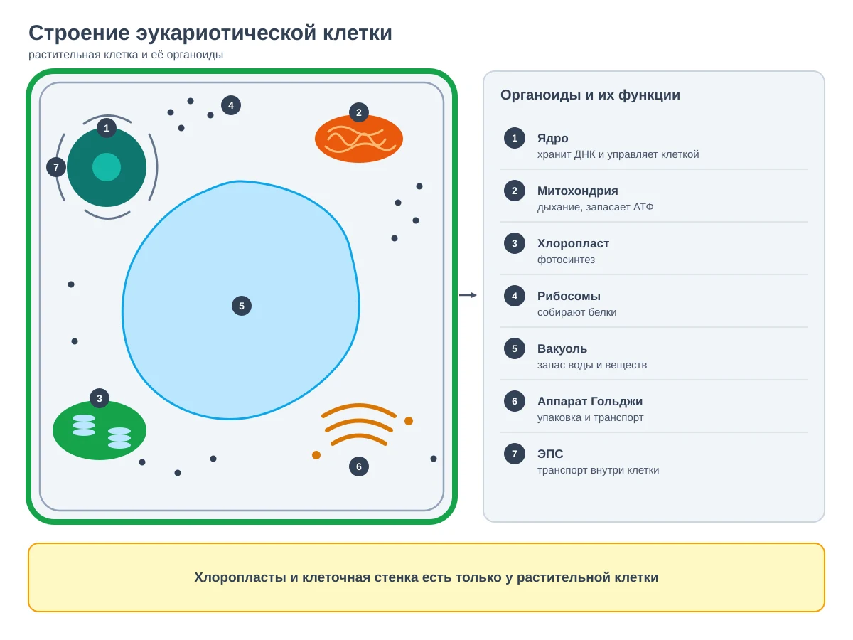Учебная схема строения эукариотической растительной клетки, 10 класс. Слева клетка с зелёной клеточной стенкой и мембраной, внутри голубая центральная вакуоль, тёмно-зелёное ядро с ядрышком, вокруг ядра линии эндоплазматической сети. Справа вверху оранжевая митохондрия с волнистыми кристами, слева внизу зелёный хлоропласт со стопками тилакоидов, справа внизу жёлто-коричневый аппарат Гольджи, точками показаны рибосомы. Каждая органелла помечена номером в кружке. Справа легенда: ядро хранит ДНК и управляет клеткой; митохондрия дышит и запасает АТФ; хлоропласт ведёт фотосинтез; рибосомы собирают белки; вакуоль хранит воду и вещества; Гольджи упаковывает и транспортирует; ЭПС — транспорт внутри клетки. Внизу жёлтая плашка: хлоропласты и клеточная стенка есть только у растительной клетки.
