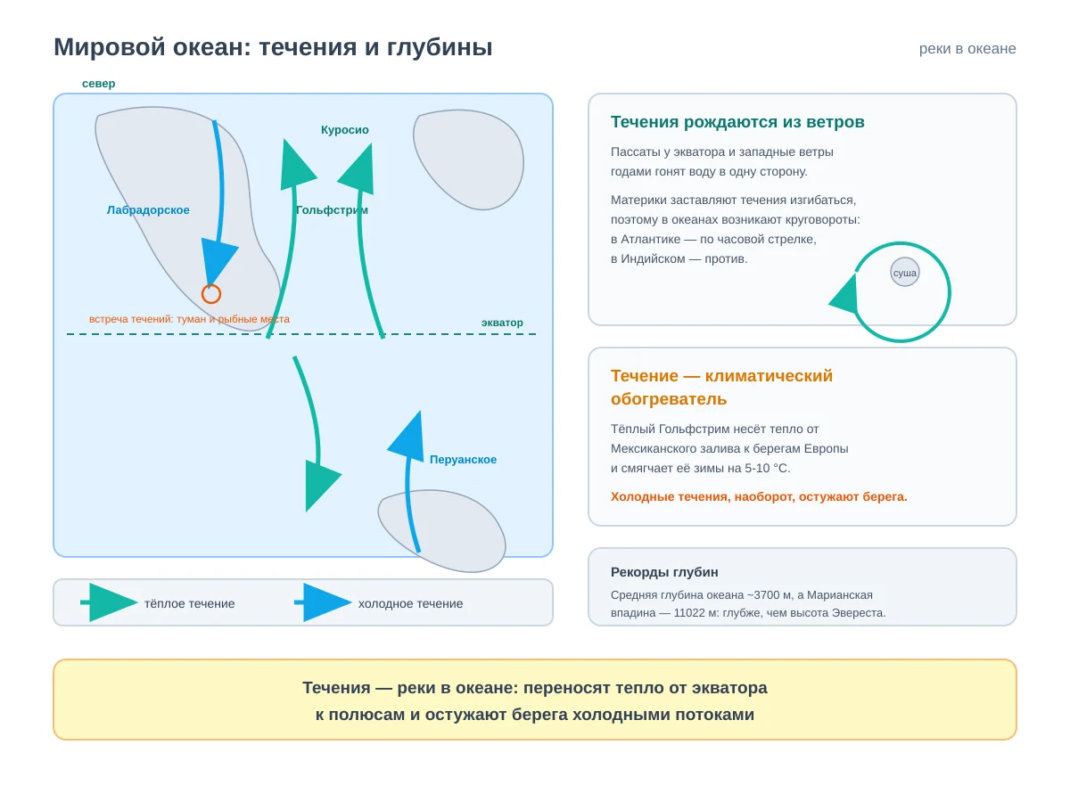 Схема «Мировой океан: течения и глубины». Слева карта-схема океана с серыми контурами материков и пунктирным экватором: волнистые стрелки тёплых течений бирюзового цвета идут от экватора к полюсам — Гольфстрим и Куросио; голубые стрелки холодных течений идут от полюсов — Лабрадорское и Перуанское; кружком отмечено место их встречи — там туман и рыбные места. Под картой легенда: бирюзовая стрелка — тёплое течение, голубая — холодное. Справа две панели: «Течения рождаются из ветров» — пассаты и западные ветры годами гонят воду в одну сторону, материки заставляют течения изгибаться и образуют круговороты: в Атлантике по часовой стрелке, в Индийском — против; «Течение — климатический обогреватель» — тёплый Гольфстрим смягчает зимы Европы на 5-10 градусов; ниже плашка про глубины: средняя глубина океана около 3700 метров, Марианская впадина — 11022 метра, глубже высоты Эвереста. Внизу вывод: течения — реки в океане, они несут тепло от экватора к полюсам.