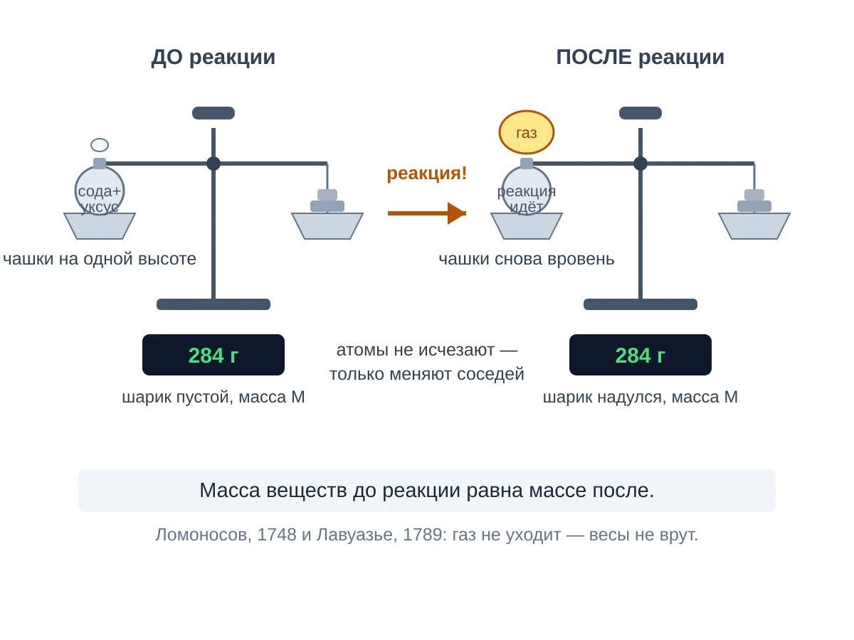 Весы с закрытой колбой до и после реакции: шарик надулся, но обе табло показывают 284 грамма