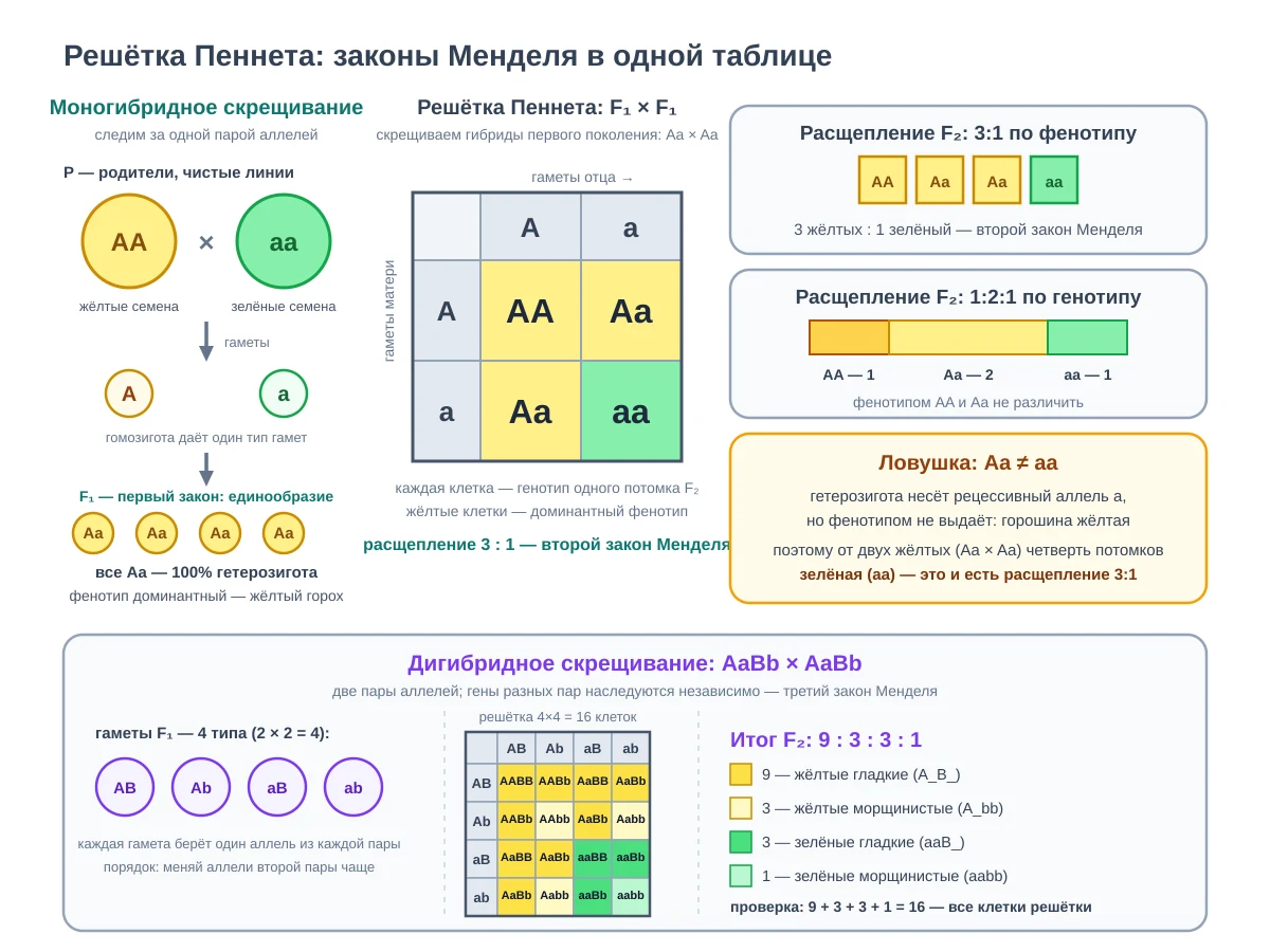 Решётка Пеннета: слева моногибридное скрещивание гомозигот AA и aa с гаметами и единообразными гетерозиготами Aa первого поколения, по центру решётка два на два для скрещивания двух гетерозигот с клетками AA, Aa, Aa и aa, справа панели расщепления три к одному по фенотипу и один к двум к одному по генотипу, внизу схема дигибридного скрещивания с четырьмя типами гамет и итогом девять к трём к трём к одному