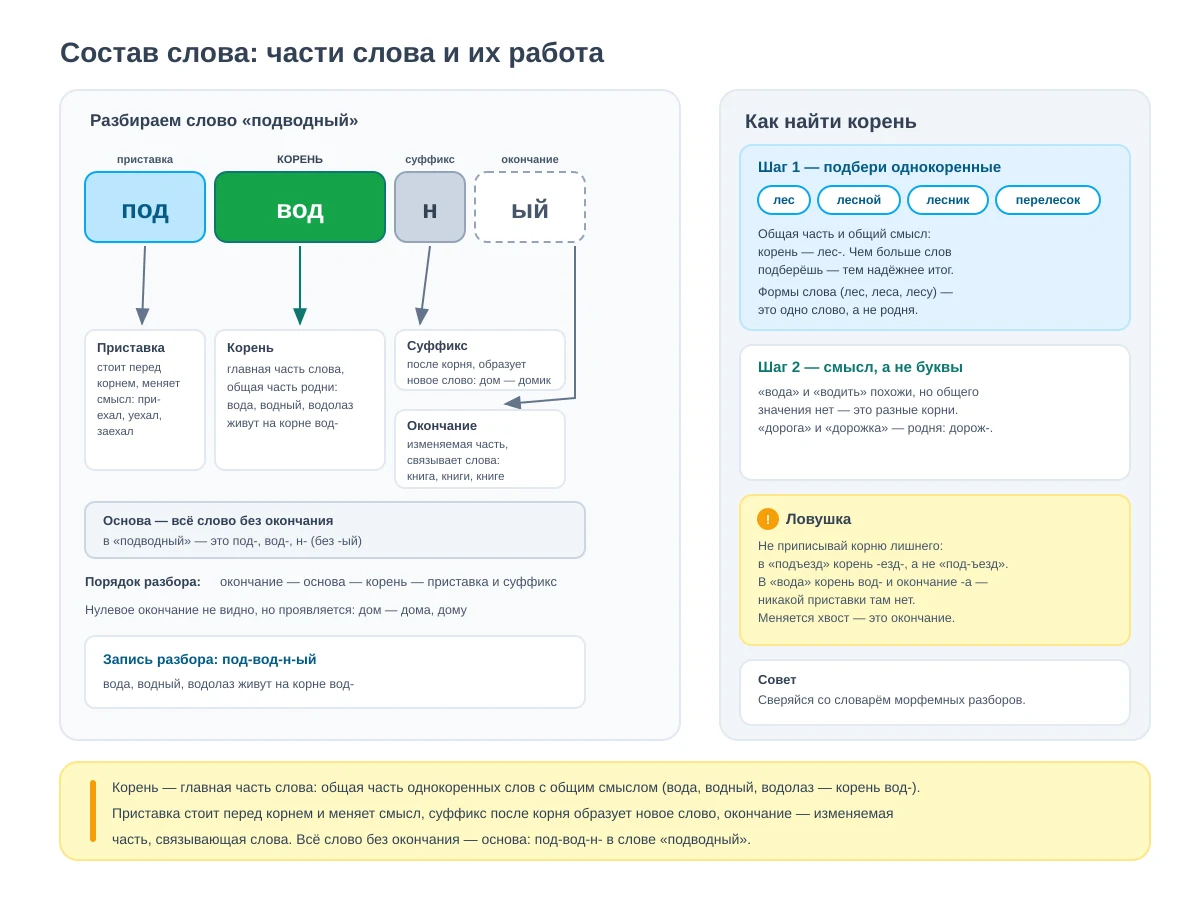 Схема состава слова для пятого класса. Слева слово подводный разложено на цветные блоки: голубая приставка под, зелёный корень вод как главная часть, серый суффикс н и окончание ый в пунктирной рамке изменяемой части. От каждого блока стрелка-выноска ведёт к карточке: приставка стоит перед корнем и меняет смысл; корень объединяет родню — вода, водный, водолаз; суффикс после корня образует новое слово; окончание связывает слова. Ниже основа — всё слово без окончания, порядок разбора и запись по частям. Справа панель: подобрать однокоренные слова лес, лесной, лесник, перелесок и найти общую часть; смотреть на смысл, а не на буквы, ведь вода и водить — разные корни. Ловушка: в подъезде корень без лишних букв, у слова вода никакой приставки нет. Жёлтая плашка-вывод о частях слова.