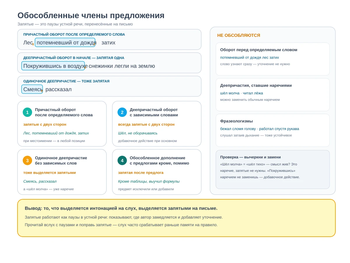Схема «Обособленные члены предложения» для 8 класса. Слева два примера: «Лес, потемневший от дождя, затих» — причастный оборот в голубой рамке, запятые оранжевые; «Покружившись в воздухе, снежинки легли на землю» — деепричастный оборот в начале, запятая одна. Ниже четыре карточки: причастный оборот после определяемого слова — запятые с двух сторон; деепричастный оборот — всегда запятые; одиночное деепричастие тоже выделяется («Смеясь, рассказал»); обособленное дополнение с «кроме» — запятая: Кроме таблицы, выучил формулы. Панель «Не обособляются»: оборот перед определяемым словом — потемневший от дождя лес затих; деепричастия-наречия — шёл молча, читал лёжа; фразеологизмы — бежал сломя голову, работал спустя рукава. Вывод: что выделяется интонацией на слух, выделяется запятыми на письме.